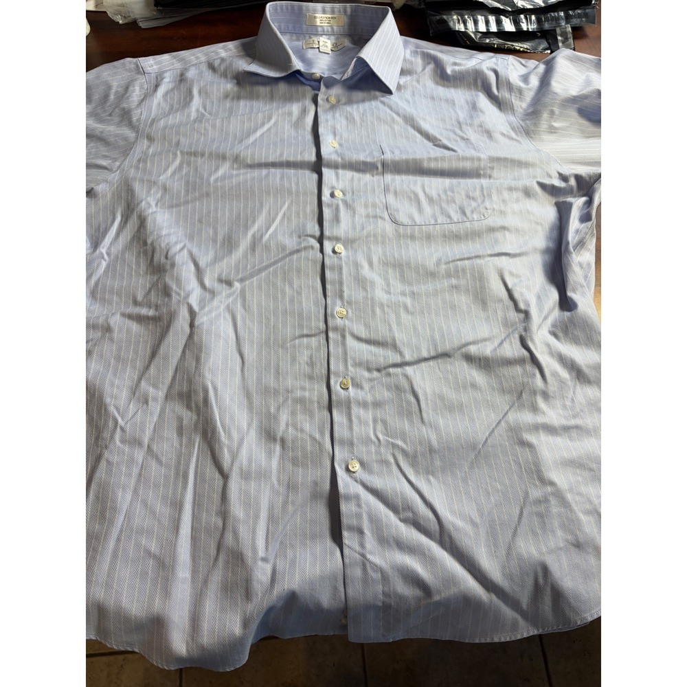 Enro Mens Light Blue Herringbone Non-Iron Cotton Dress Shirt 17.5 34-35